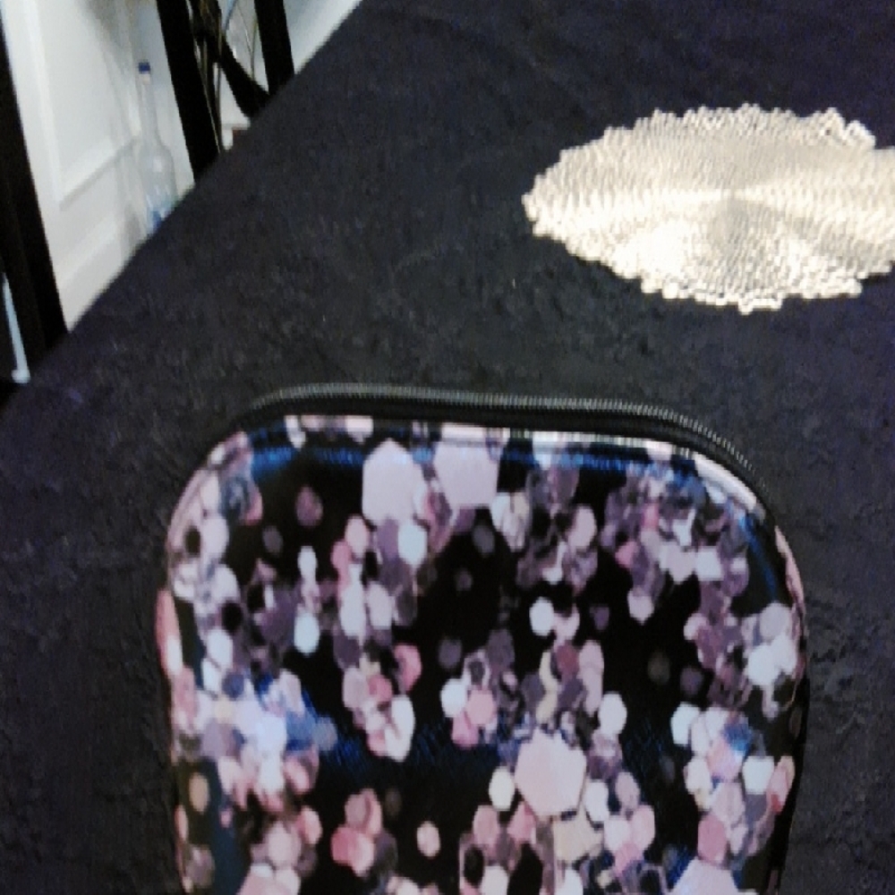 Compact Cosmetic Case with Pink and Purple Confetti Print. EUC NO CALLOUTS